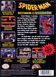 Box back cover for Spider-Man: Return of the Sinister Six on the Nintendo NES.