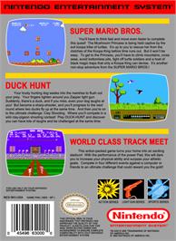 Box back cover for Super Mario Bros, Duck Hunt, & World Class Track Meet on the Nintendo NES.