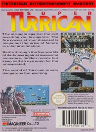 Box back cover for Super Turrican on the Nintendo NES.