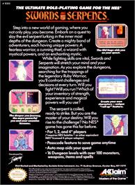 Box back cover for Swords and Serpents on the Nintendo NES.