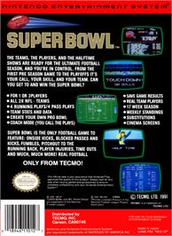 Box back cover for Tecmo Super Bowl on the Nintendo NES.