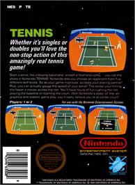Box back cover for Tennis on the Nintendo NES.