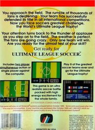 Box back cover for Ultimate League Soccer on the Nintendo NES.