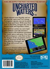 Box back cover for Uncharted Waters on the Nintendo NES.