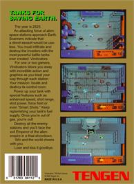 Box back cover for Vindicators on the Nintendo NES.