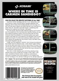 Box back cover for Where in Time is Carmen Sandiego on the Nintendo NES.