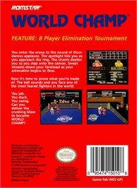 Box back cover for World Champ:  Super Boxing Great Fight on the Nintendo NES.