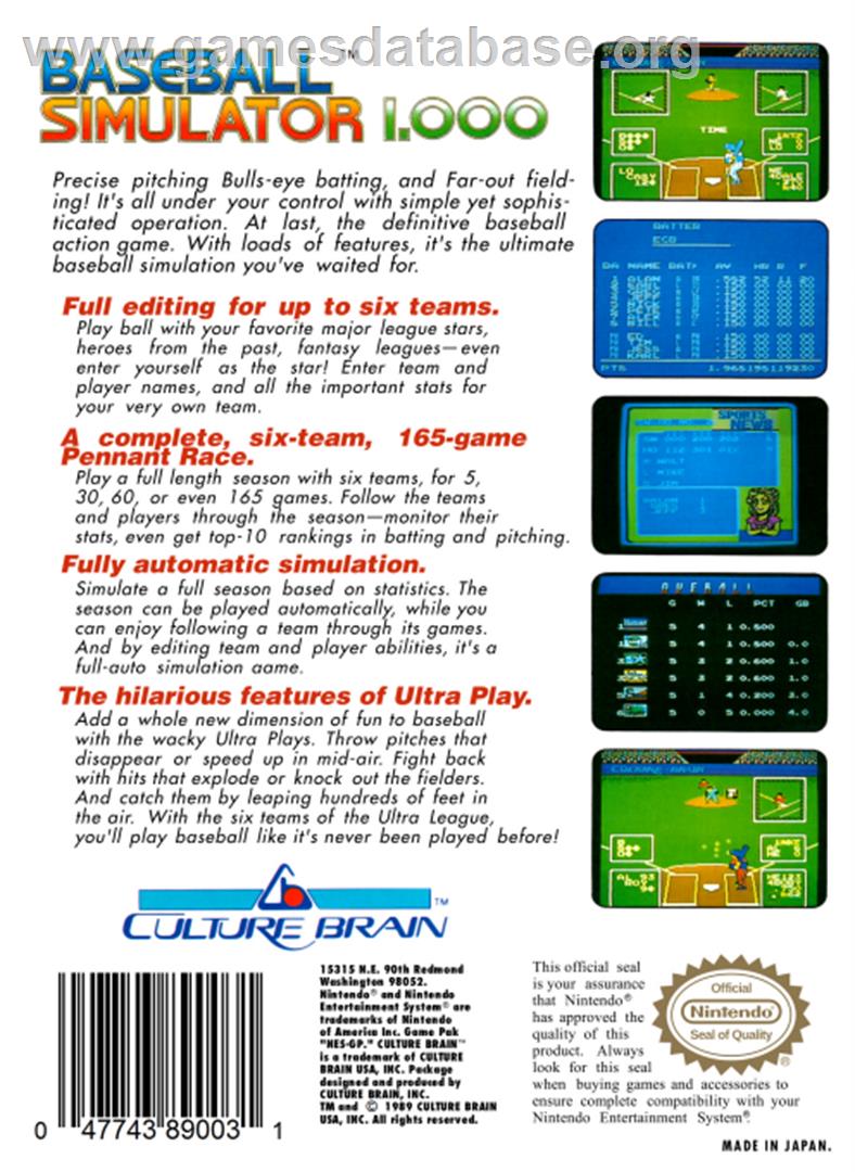 Baseball Simulator 1.000 - Nintendo NES - Artwork - Box Back