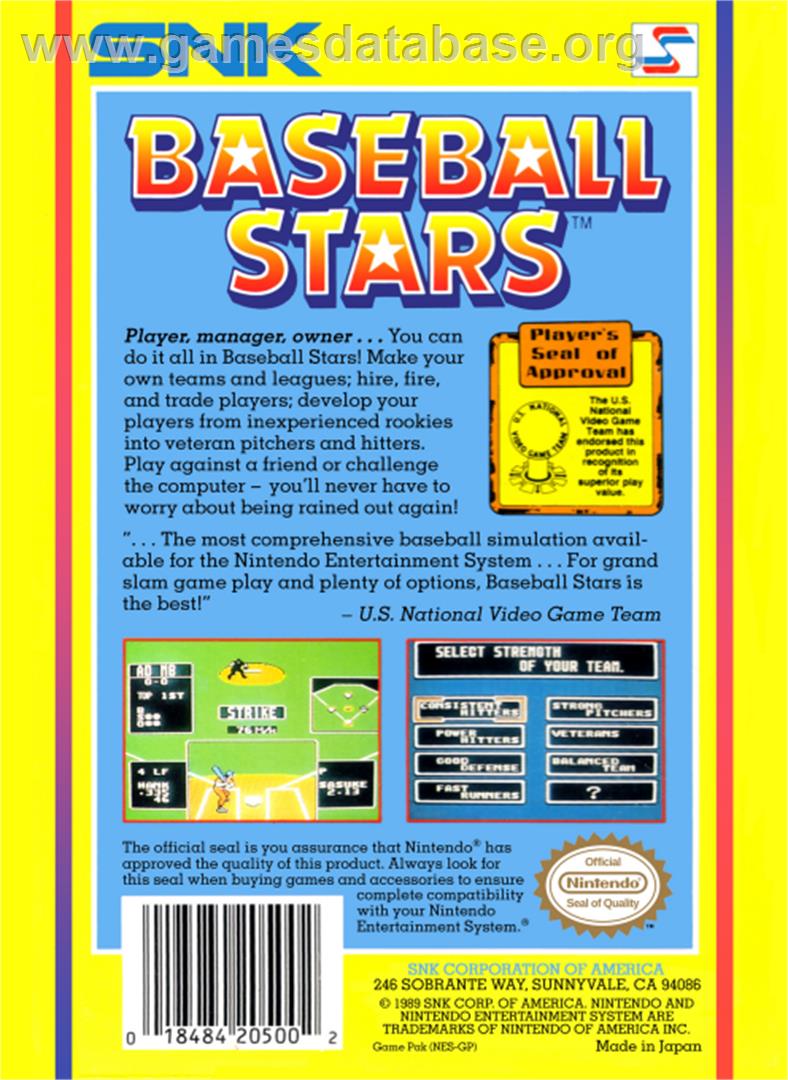Baseball Stars - Nintendo NES - Artwork - Box Back