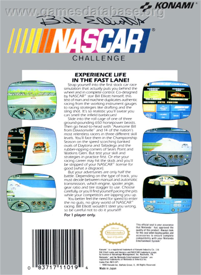 Bill Elliott's NASCAR Challenge - Nintendo NES - Artwork - Box Back