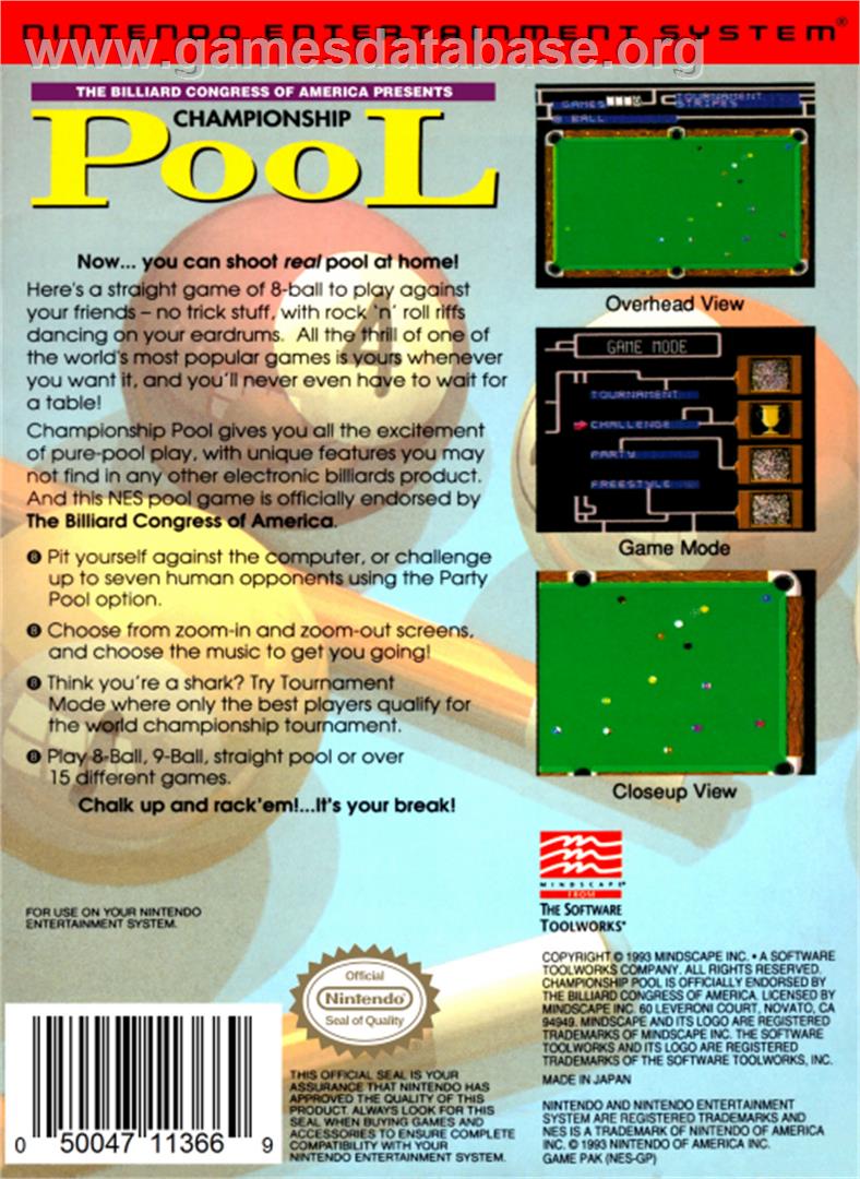 Championship Pool - Nintendo NES - Artwork - Box Back
