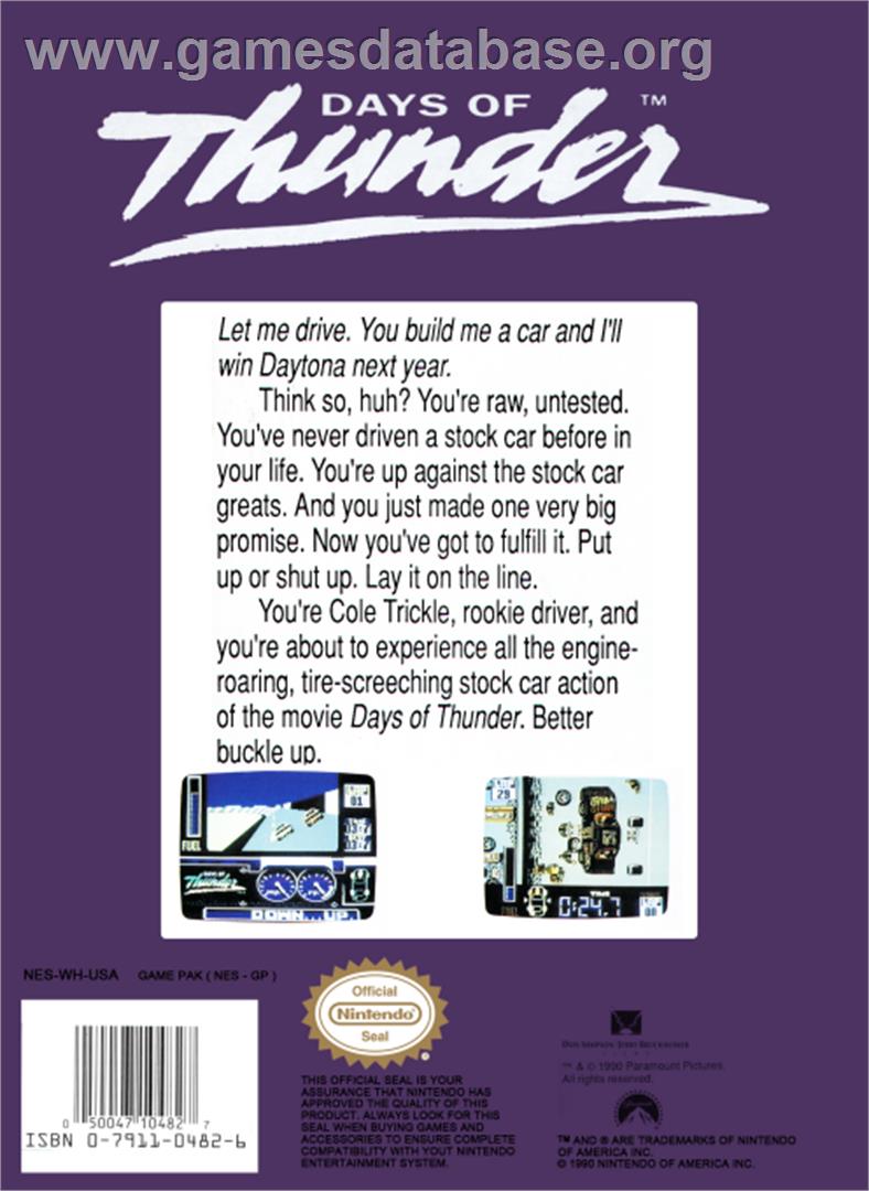 Days of Thunder - Nintendo NES - Artwork - Box Back