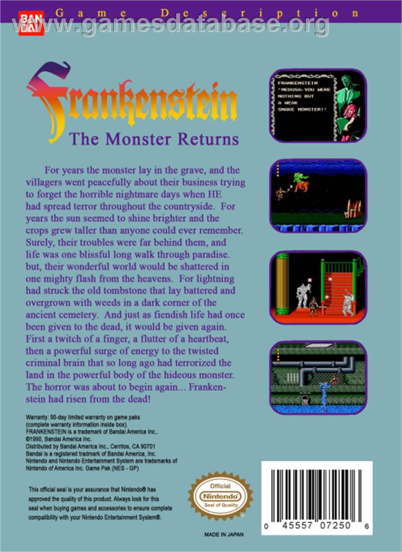 Frankenstein: The Monster Returns - Nintendo NES - Artwork - Box Back