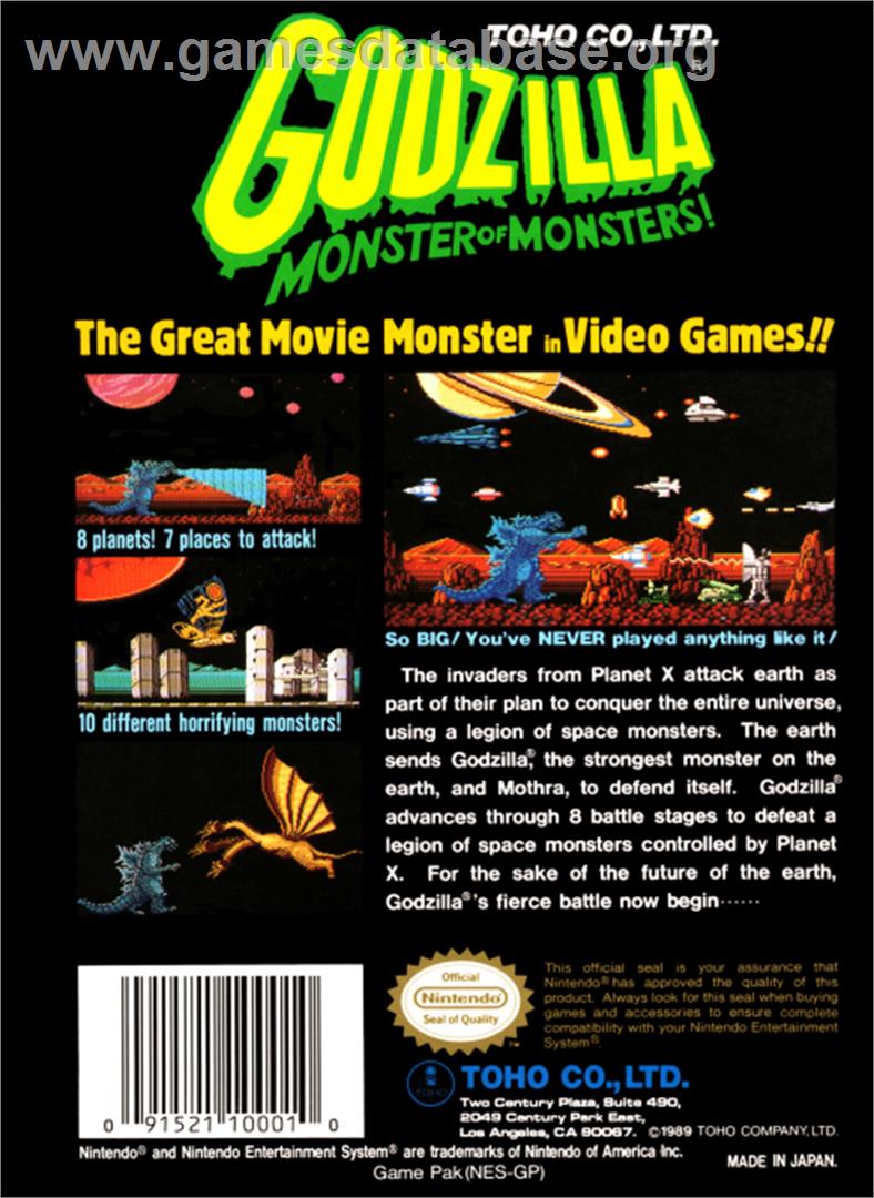 Godzilla: Monster of Monsters - Nintendo NES - Artwork - Box Back