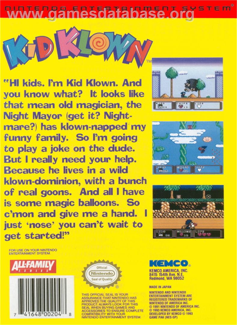 Kid Klown in Night Mayor World - Nintendo NES - Artwork - Box Back