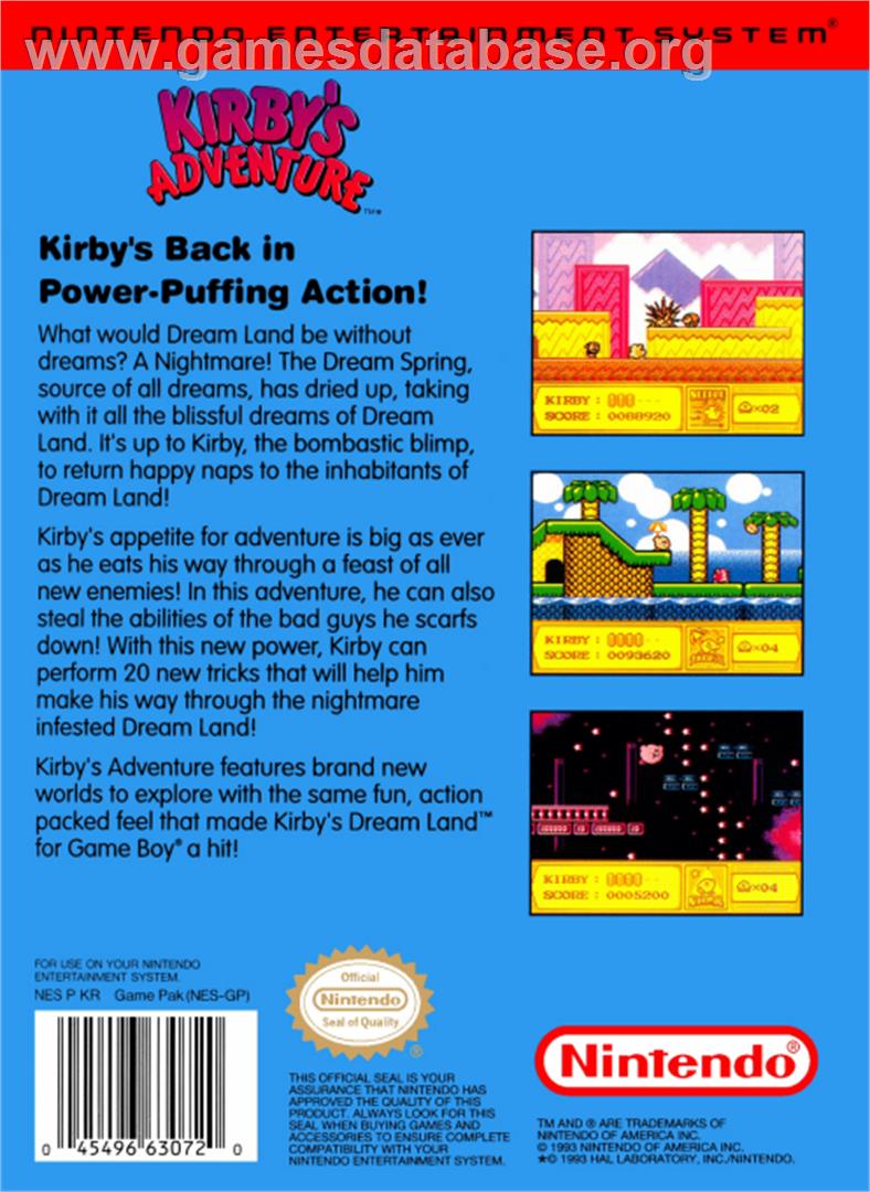 Kirby's Adventure - Nintendo NES - Artwork - Box Back