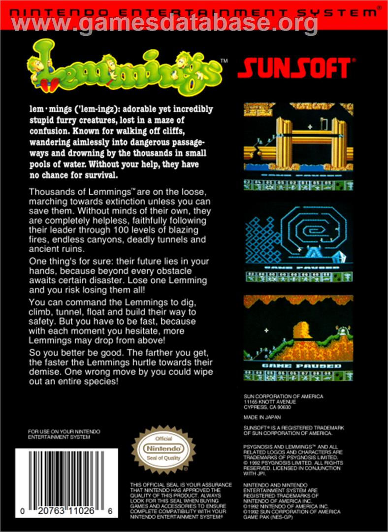 Lemmings - Nintendo NES - Artwork - Box Back