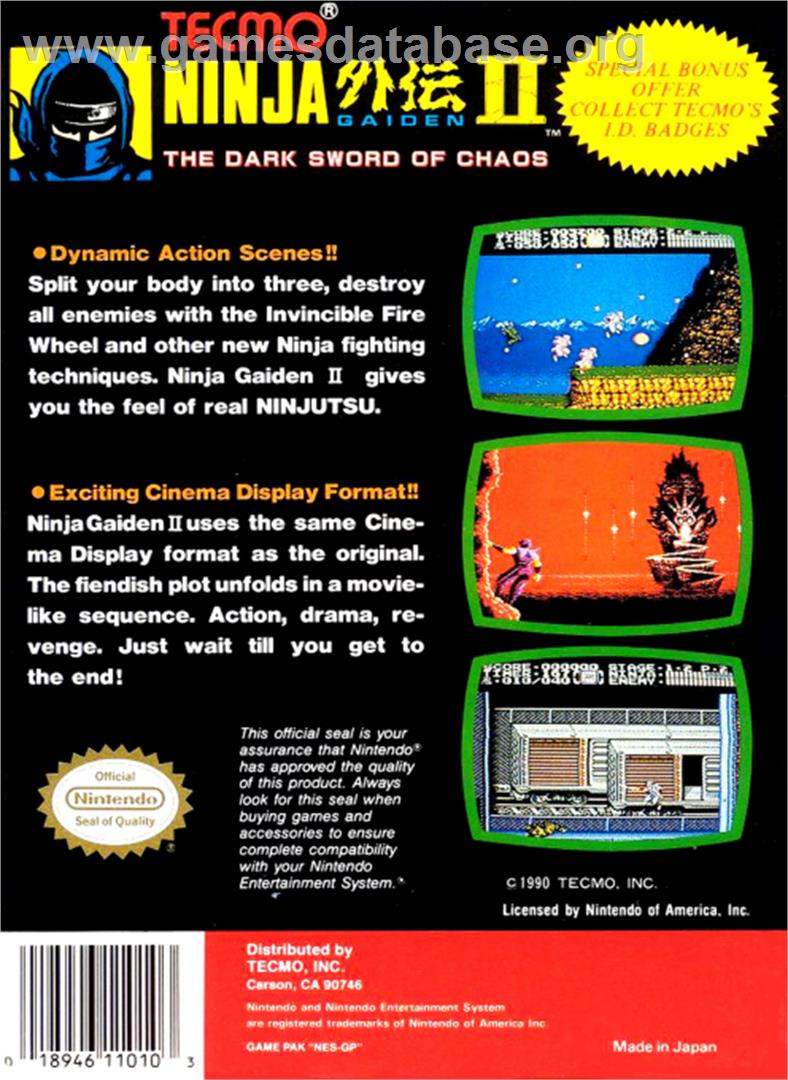 Ninja Gaiden II: The Dark Sword of Chaos - Nintendo NES - Artwork - Box Back