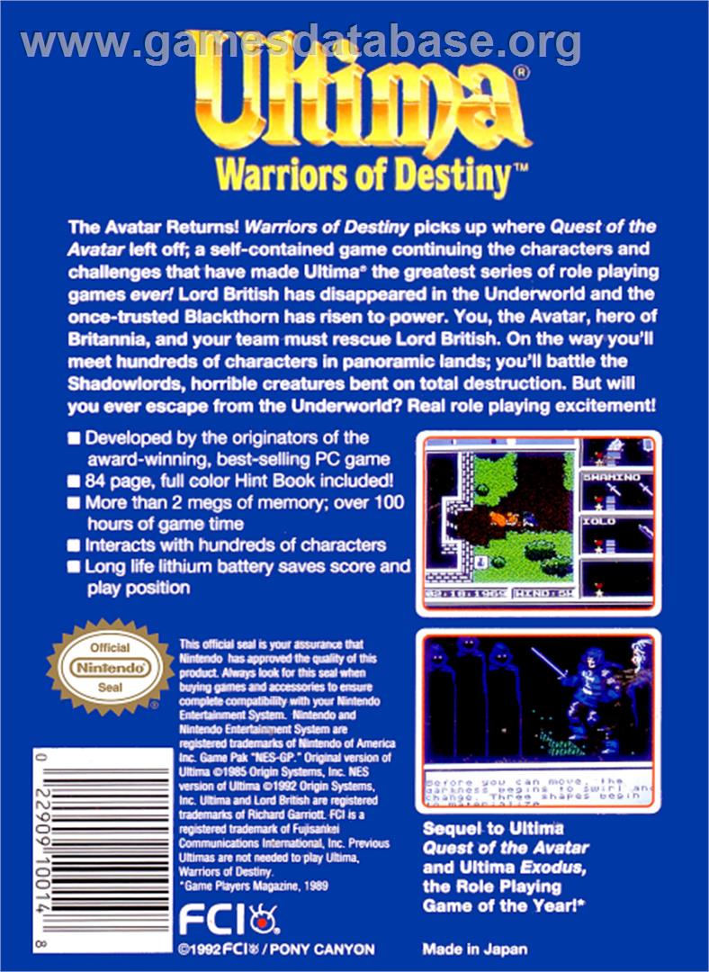Ultima V: Warriors of Destiny - Nintendo NES - Artwork - Box Back