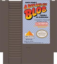 Cartridge artwork for A Boy and his Blob: Trouble on Blobolonia on the Nintendo NES.