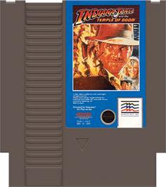 Cartridge artwork for Indiana Jones and the Temple of Doom on the Nintendo NES.