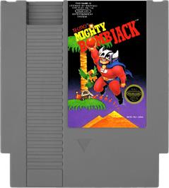 Cartridge artwork for Mighty Bombjack on the Nintendo NES.