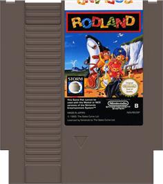 Cartridge artwork for Rodland on the Nintendo NES.