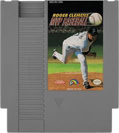 Cartridge artwork for Roger Clemens' MVP Baseball on the Nintendo NES.