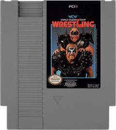 Cartridge artwork for WCW: World Championship Wrestling on the Nintendo NES.
