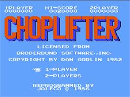 Title screen of Choplifter on the Nintendo NES.
