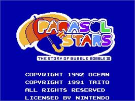 Title screen of Parasol Stars: The Story of Bubble Bobble 3 on the Nintendo NES.