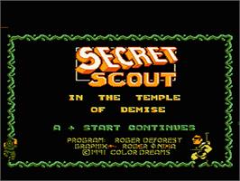 Title screen of Secret Scout in the Temple of Demise on the Nintendo NES.