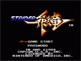 Title screen of Strider on the Nintendo NES.