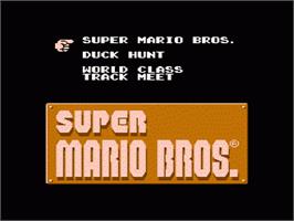 Title screen of Super Mario Bros, Duck Hunt, & World Class Track Meet on the Nintendo NES.