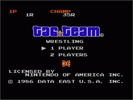 Title screen of Tag Team Wrestling on the Nintendo NES.