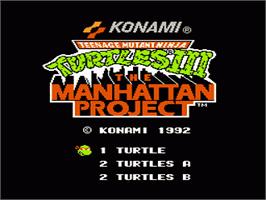 Title screen of Teenage Mutant Ninja Turtles 3: The Manhattan Project on the Nintendo NES.