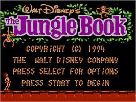 Title screen of Walt Disney's The Jungle Book on the Nintendo NES.