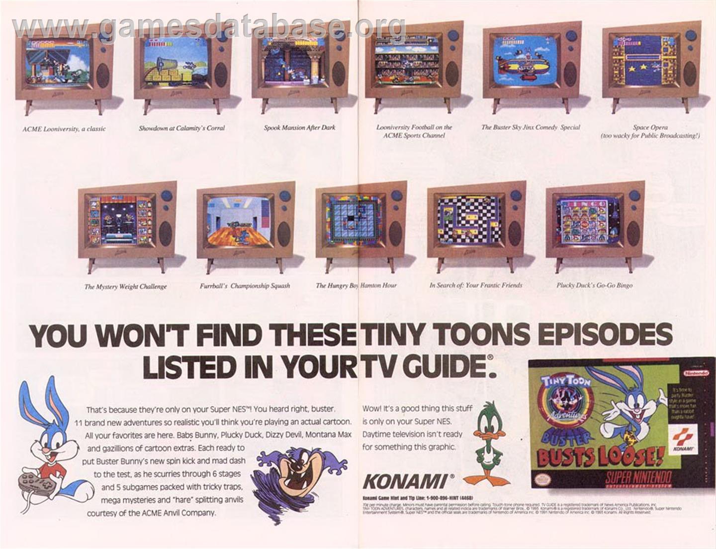 Tiny Toon Adventures: Buster Busts Loose! - Nintendo SNES - Artwork - Advert