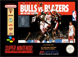 Box cover for Bulls vs. Blazers and the NBA Playoffs on the Nintendo SNES.