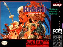 Box cover for Genghis Khan II: Clan of the Grey Wolf on the Nintendo SNES.