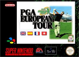 Box cover for PGA European Tour on the Nintendo SNES.