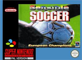 Box cover for Sensible Soccer: European Champions on the Nintendo SNES.