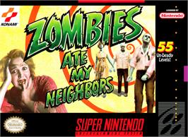 Box cover for Zombies Ate My Neighbors on the Nintendo SNES.