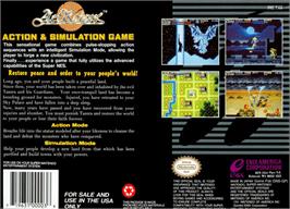 Box back cover for ActRaiser on the Nintendo SNES.