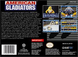 Box back cover for American Gladiators on the Nintendo SNES.
