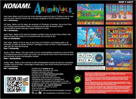 Box back cover for Animaniacs on the Nintendo SNES.