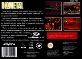 Box back cover for BioMetal on the Nintendo SNES.