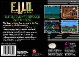 Box back cover for E. V. O.: Search for Eden on the Nintendo SNES.