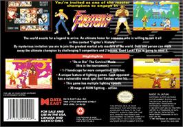 Box back cover for Fighter's History on the Nintendo SNES.