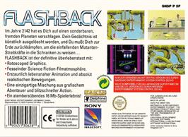 Box back cover for Flashback: The Quest for Identity on the Nintendo SNES.